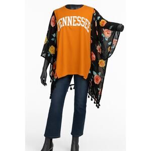 Tennessee Orange Tee Sheer Floral Kimono Tassel Sleeves Top Upcycled Custom